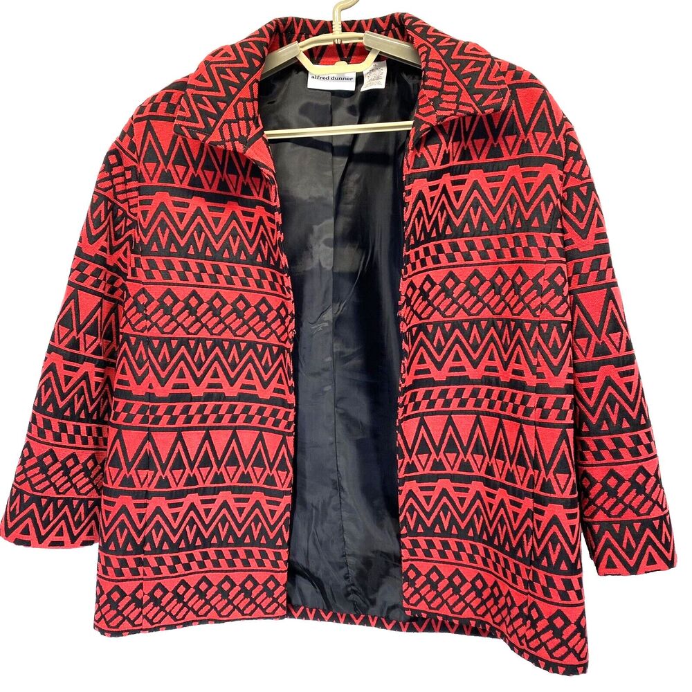 Alfred Dunner Women Size 10 Red/Black 3/4 Sleeve Geometric Design Blazer Lined